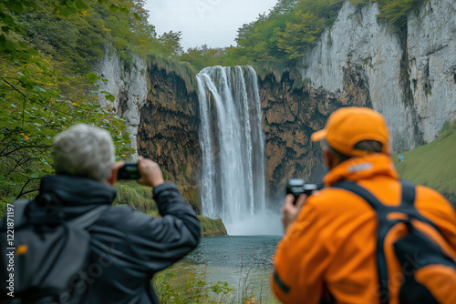 Visitors capturing the beauty of a stunning waterfall surrounded by lush greenery in a serene location photo