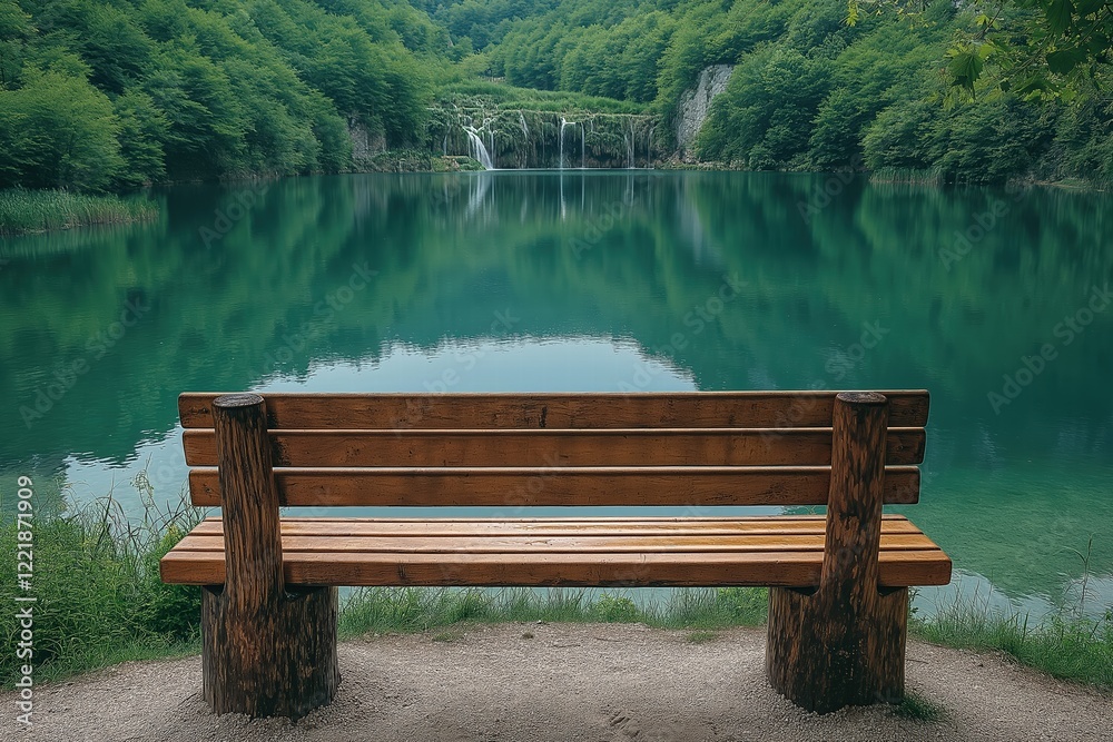 Wooden bench overlooking tranquil lake and waterfall in a lush green forest Wooden bench overlooking tranquil lake and waterfall in a lush green forest