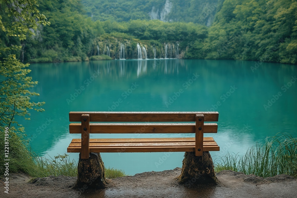 Obraz premium Bench near tranquil lake surrounded by lush greenery and cascading waterfalls during daytime