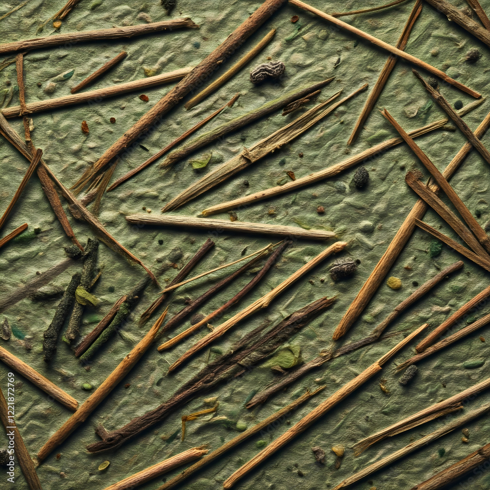 Scattered twigs and plant debris on a textured green surface, creating a natural and organic abstract pattern Scattered twigs and plant debris on a textured green surface, creating a natural and organic abstract pattern
