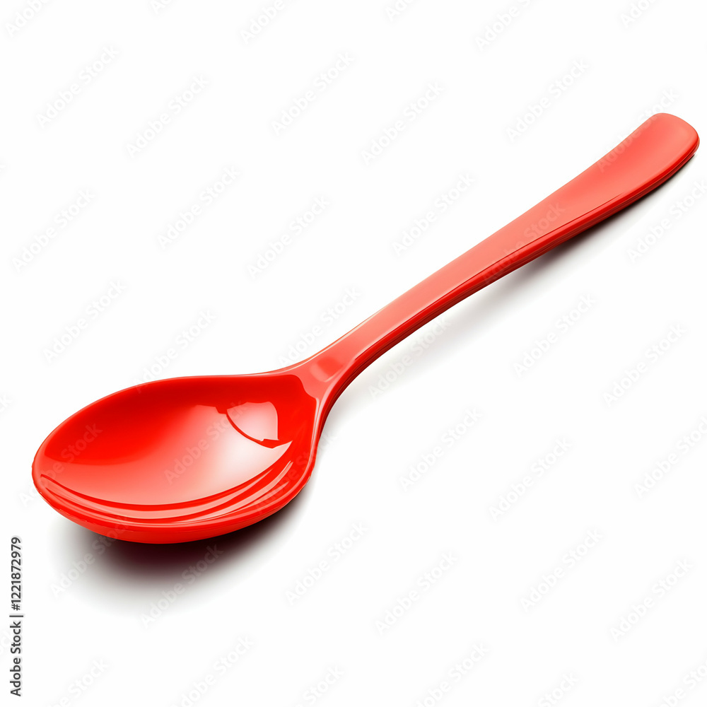 Red plastic spoon on white background, food service Red plastic spoon on white background, food service