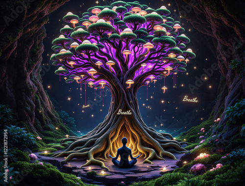 Mindful Roots: Brain Tree with Glowing Mushrooms and Underground Meditation Cave for Grounding Therapy