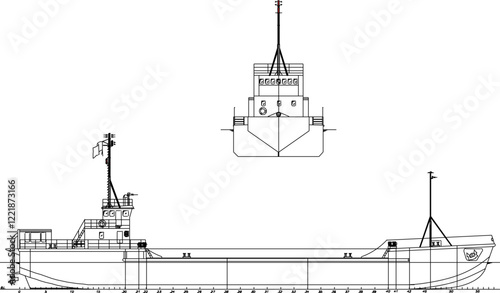 vector illustration design image detail split barge warship on the high seas with scale size