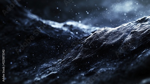 Dark, textured mountain landscape with falling snow.