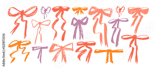 Colorful crayon drawn naive simple bow knots and ribbons. Hand drawn vector chalk sketch.
