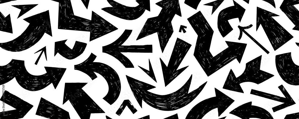 Bold charcoal or crayon drawn arrows seamless banner design. Handdrawn seamless pattern with folded and curved geometric arrows. Bold brush drawn elements wrapping paper. Various directions. Bold charcoal or crayon drawn arrows seamless banner design. Handdrawn seamless pattern with folded and curved geometric arrows. Bold brush drawn elements wrapping paper. Various directions.
