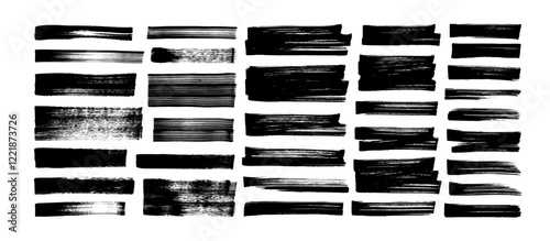 Hand drawn distress damaged edge brush strokes. Straight bold or thick lines with dry texture. Vector paint grunge horizontal lines collection. Vector black ink brush strokes, rectangles and banners.