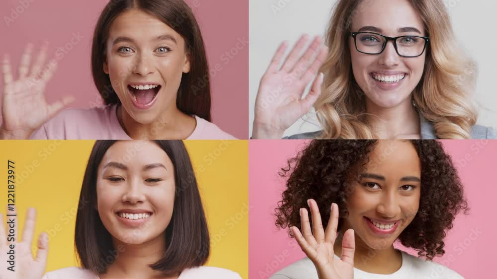 Four individuals from different backgrounds display cheerful emotions and greetings, showcasing diversity and joy in a vibrant collage. Each person wears a warm, welcoming smile. Four individuals from different backgrounds display cheerful emotions and greetings, showcasing diversity and joy in a vibrant collage. Each person wears a warm, welcoming smile.