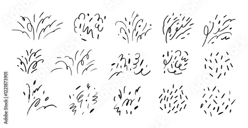 Crayon drawn doodle decorative confetti. Sketch burst with squiggles, dots, pencil drawn abstract twirls.