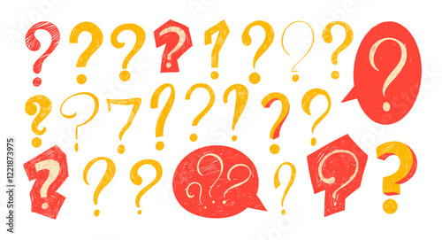Red and yellow crayon drawn doodle question marks. Collection of various question marks with speech bubbles. 