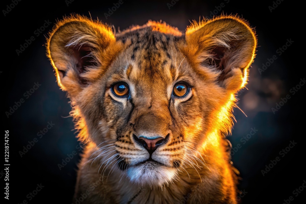 Fototapeta premium Lion Cub Night Portrait: Intense Gaze, Detailed Fur, Wildlife Photography
