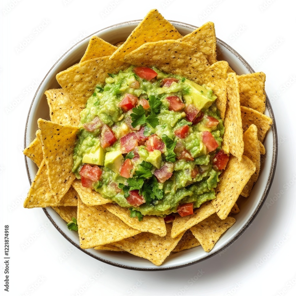 A bowl of creamy avocado salsa with tortilla chips, isolated white background, surrealism art style A bowl of creamy avocado salsa with tortilla chips, isolated white background, surrealism art style
