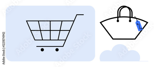 Shopping cart with wheels and handbag with hanging price tag. Ideal for online shopping, e-commerce, retail business, marketing strategies, consumer behavior, budget planning, and sales promotions