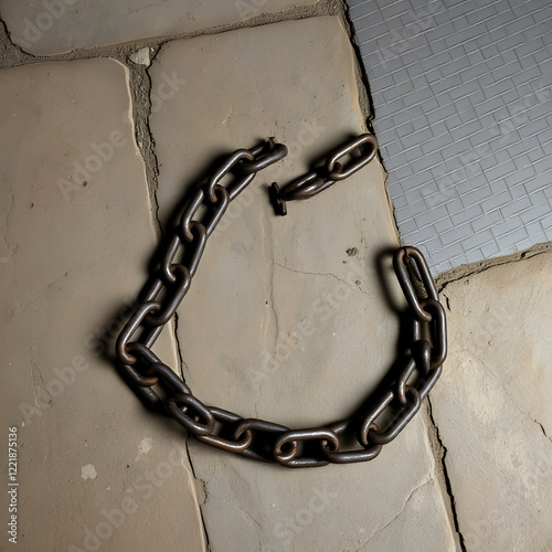 A rusty old chain lies broken on a worn stone floor, freed links splayed out in a dramatic arc, symbolizing liberation and newfound freedom. photo