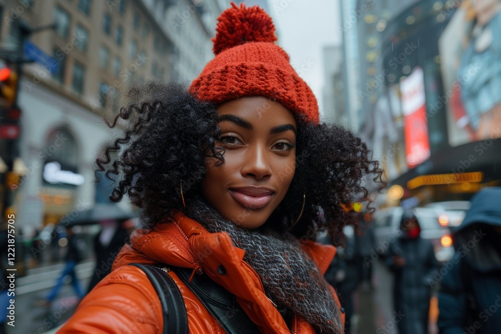 Woman in red hat and jacket smiles in the city. AI generative. . Woman in red hat and jacket smiles in the city. AI generative. .