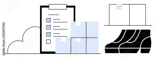 Checklist with marked tasks next to stacked boxes and shelves representing order fulfillment. Ideal for logistics, inventory management, supply chain, shipping, e-commerce, organization