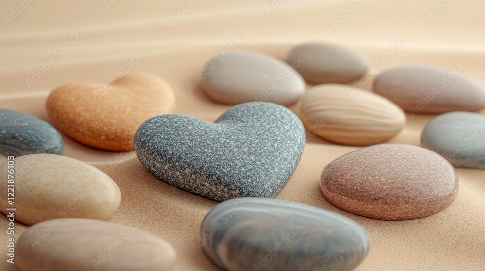 Heart shaped stones rest on a sandy surface Heart shaped stones rest on a sandy surface