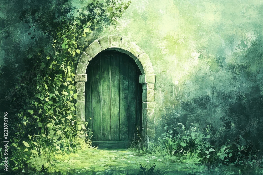 Fototapeta premium Green Doorway Hidden Amidst Lush Foliage
