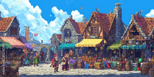 A bustling medieval marketplace under a bright sunny sky photo