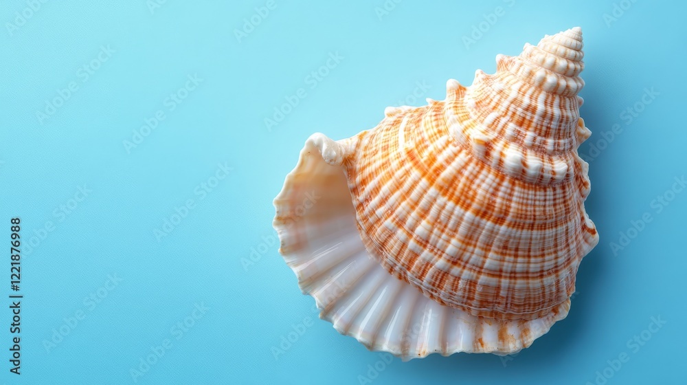 A large seashell rests on a light blue background A large seashell rests on a light blue background