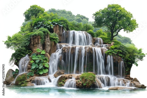 Waterfall cascading down rocks and lush greenery. AI generative. .