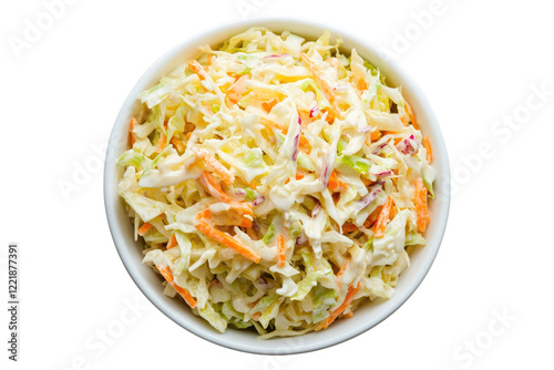 Classic coleslaw with shredded cabbage and creamy dressing in white bowl isolated on white or transparent, PNG