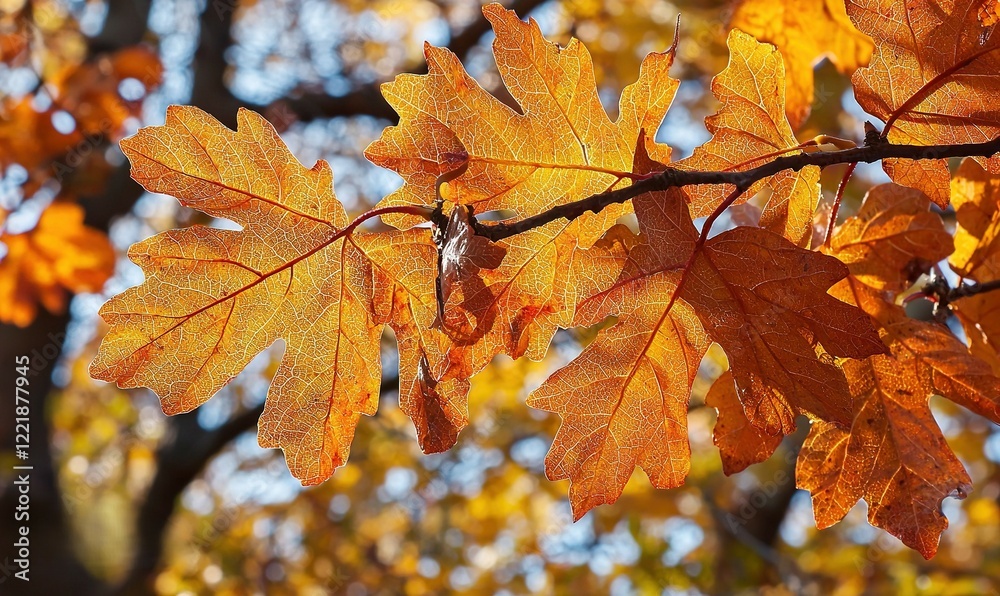 Golden autumn leaves on branch against blurred sky Golden autumn leaves on branch against blurred sky