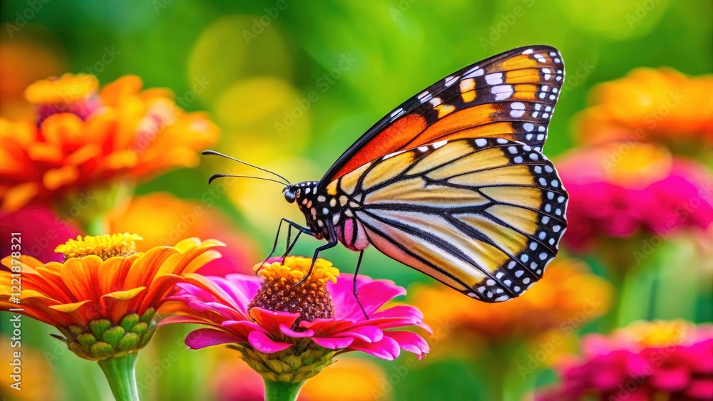 Obraz premium Monarch Butterfly on Zinnia Flower, Stunning Macro Food Photography, Insect on Bloom, Nature Close Up