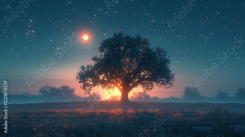 Silhouetted tree in a field with a full moon and stars in a blue night sky. AI generative. . photo