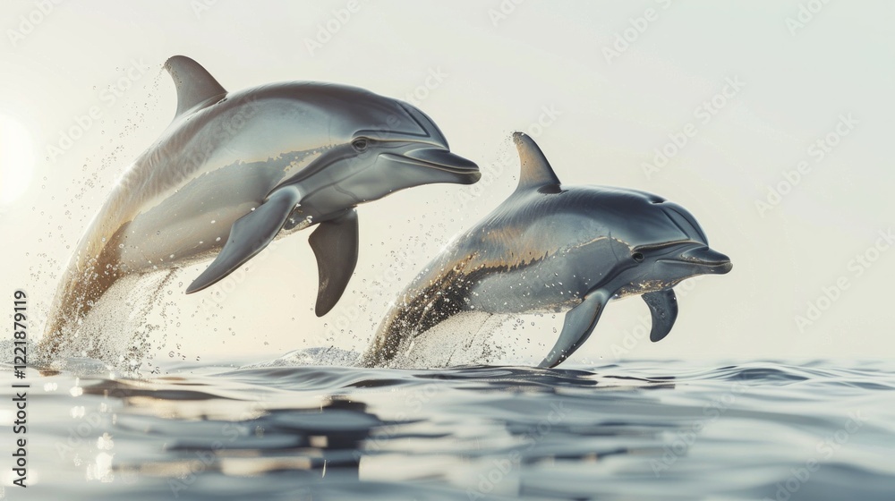 Fototapeta premium Two dolphins leap from the water, creating splashes and ripples. AI generative. .