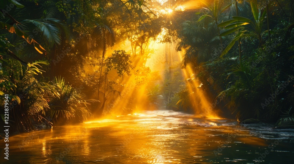 Golden sunlight streams through lush green foliage, illuminating a calm river. AI generative. . Golden sunlight streams through lush green foliage, illuminating a calm river. AI generative. .