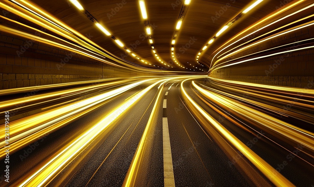 Fototapeta premium Golden light trails of cars speeding through a curved tunnel at night