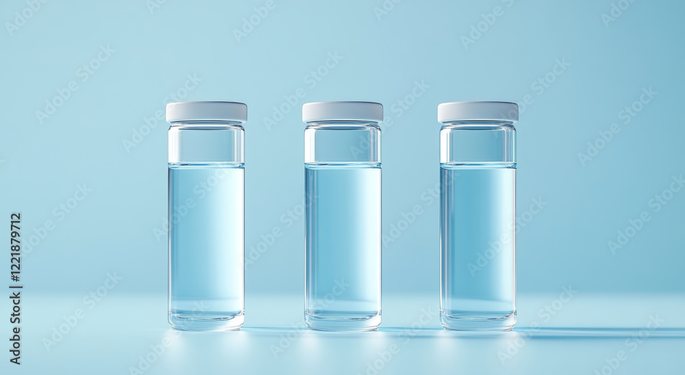 Several transparent glass vials containing clear liquid Several transparent glass vials containing clear liquid