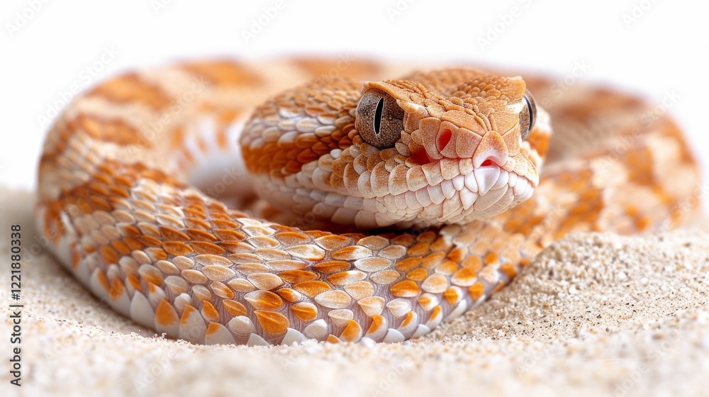 Fototapeta premium A close-up of an orange and white snake with its eye and mouth open, coiled in white sand. AI generative. .