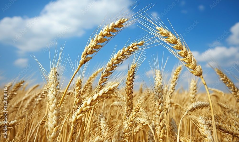 Golden wheat field under blue sky, ready for harvest, ideal for agriculture or food themes Golden wheat field under blue sky, ready for harvest, ideal for agriculture or food themes