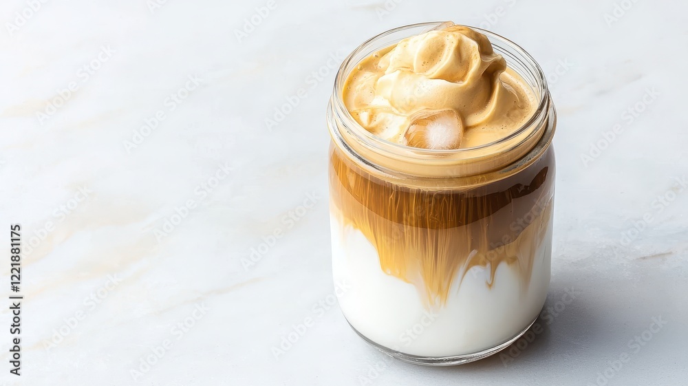 A creamy dessert drink featuring a layered combination of whipped coffee and milk, served in a clear glass jar. A creamy dessert drink featuring a layered combination of whipped coffee and milk, served in a clear glass jar.