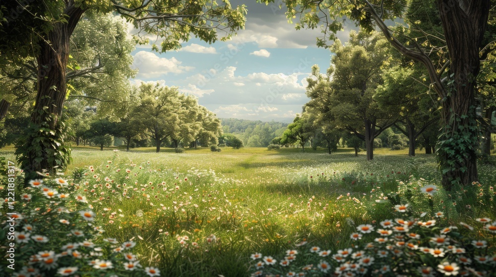 Obraz premium A green meadow with a field of white flowers framed by trees and a blue sky. AI generative. .