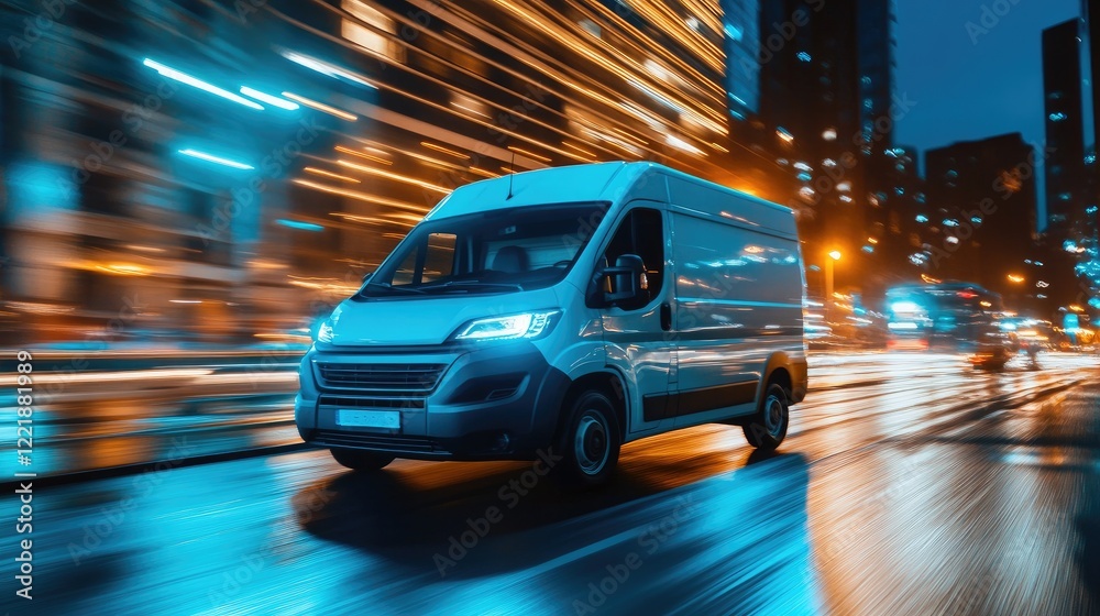 Fast Delivery Van in City at Night Fast Delivery Van in City at Night