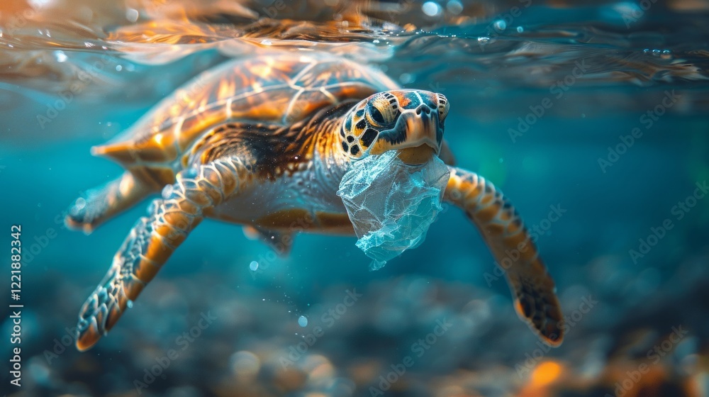 Obraz premium A sea turtle swims underwater with plastic stuck in its mouth. AI generative. .