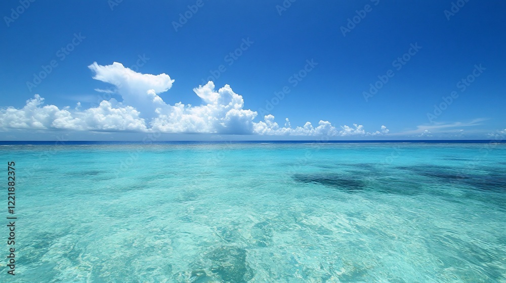 Fototapeta premium Tranquil ocean view with clear blue waters and fluffy clouds.