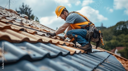 A roofer working on the roof repair of a home