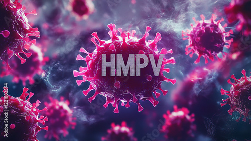 blueprint of lungs and virus in the background, Human metapneumovirus or HMPV similiar as covid 19 virus, Microscopic view of HMPV Human metapneumovirus with medical instrument. photo