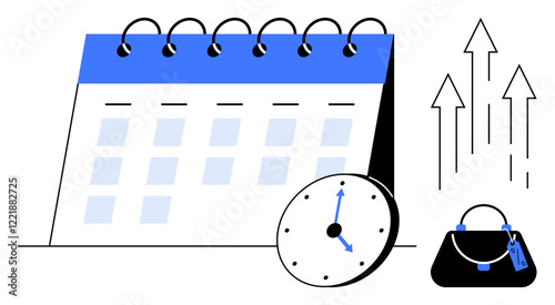 Calendar with spiral binding and clock, purse, and arrows pointing upward. Ideal for time management, financial planning, business growth, productivity, scheduling, deadline tracking and goal
