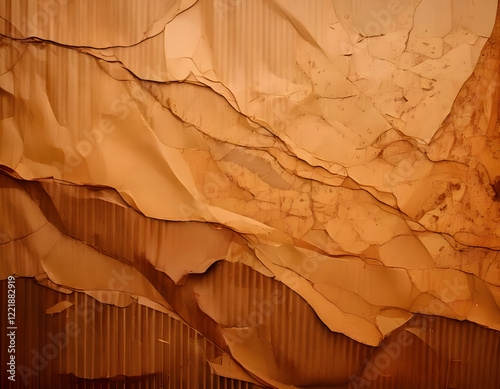 Layered, torn cardboard with visible corrugation and creases creates a textured, abstract background in warm brown tones