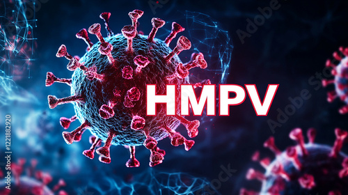 blueprint of lungs and virus in the background, Human metapneumovirus or HMPV similiar as covid 19 virus, Microscopic view of HMPV Human metapneumovirus with medical instrument. photo