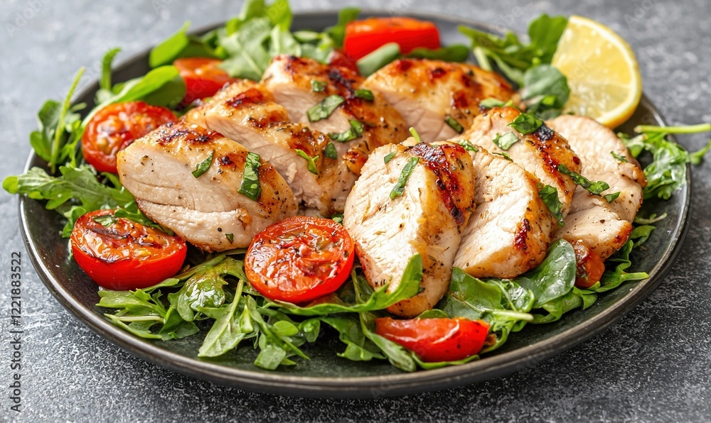 Grilled chicken salad with arugula, cherry tomatoes, and lemon on a plate Grilled chicken salad with arugula, cherry tomatoes, and lemon on a plate