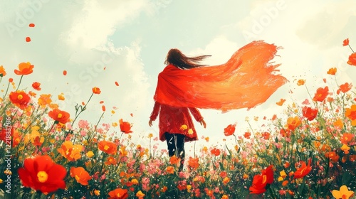 A woman with a flowing red cape walks through a vibrant field of blooming poppies under a bright sky