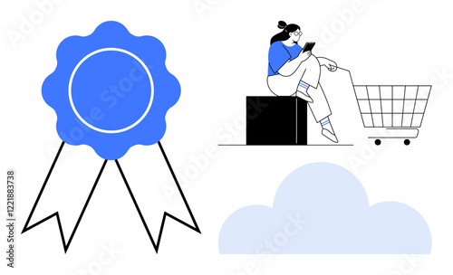 Blue award ribbon, person using smartphone with shopping cart, light blue cloud. Ideal for achievement, e-commerce, technology, innovation, cloud services, digital transformation business growth