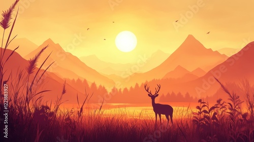 Majestic Deer Silhouette at Sunset Over Mountain Lake