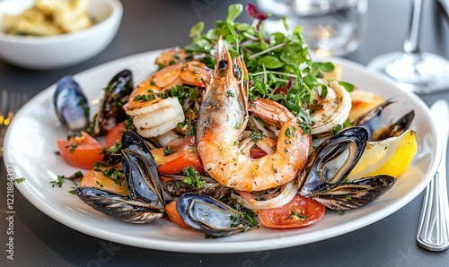 Grilled seafood salad with shrimp, mussels, and vegetables on a white plate in a restaurant